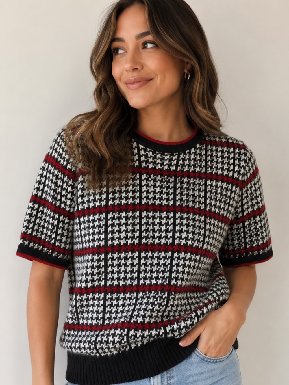 Evan-Picone Houndstooth Knit Sweater Black White Red Short Sleeve Size Small
